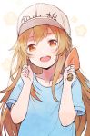  :d bad_id bad_pixiv_id bangs blue_shirt blush brown_eyes brown_hair collarbone eyebrows_visible_through_hair flat_cap floral_background grey_hat hair_between_eyes hands_up hat hataraku_saibou head_tilt holding jpeg_artifacts long_hair looking_at_viewer open_mouth platelet_(hataraku_saibou) rio_(9251843) round_teeth shirt short_sleeves smile solo teeth trowel upper_body upper_teeth white_background 