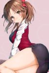 bangs black_skirt blush bow breasts brown_eyes brown_hair closed_mouth commentary eyebrows_visible_through_hair hair_bow head_tilt highres idolmaster idolmaster_cinderella_girls kuria_(clear_trip_second) large_breasts long_sleeves looking_at_viewer looking_to_the_side parted_bangs petals red_bow red_vest royale_style_(idolmaster) shirt skirt solo sweat totoki_airi twintails vest white_shirt 