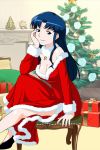  blue_eyes blue_hair box breasts chair christmas_tree cleavage dress fujiwara_aya fur_collar fur_trim gift gift_box hand_on_own_cheek long_hair long_sleeves looking_at_viewer medium_breasts official_art red_dress santa_costume side_slit sitting smile solo super_real_mahjong tanaka_ryou 