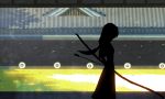  archery archery_dojo architecture arrow bow_(weapon) dappled_sunlight grass hakama_skirt holding holding_bow_(weapon) holding_weapon hyogonosuke kyuudou leaf long_hair love_live! love_live!_school_idol_project low-tied_long_hair no_lineart outdoors shadow silhouette skirt solo sonoda_umi standing sunlight target weapon wind 