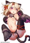  1girl anal anal_object_insertion anal_tail animal_ears anus blonde_hair blush breasts breasts_outside butt_plug buttplug_tail carbon12th cat_ears cat_tail censored fake_animal_ears fake_tail fate/kaleid_liner_prisma_illya fate_(series) gloves illyasviel_von_einzbern looking_at_viewer lying mosaic_censoring navel object_insertion on_back open_mouth panties panties_aside paw_gloves paws pussy simple_background small_breasts solo stomach tail thighhighs underwear white_background 