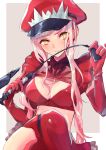  alluring_chief_warden_look bangs blunt_bangs breasts commentary elbow_gloves fate/grand_order fate_(series) gloves hat holding_whip ken_otogi long_hair looking_at_viewer medb_(fate)_(all) medb_(fate/grand_order) medium_breasts military military_uniform navel peaked_cap pink_hair riding_crop smile solo uniform whip yellow_eyes 