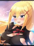  black_gloves blonde_hair blue_eyes blush bodysuit breasts darkness_(konosuba) gloves hair_ornament kono_subarashii_sekai_ni_shukufuku_wo! large_breasts long_hair official_art open_mouth phantom_of_the_kill ponytail red_ribbon ribbon torn_clothes x_hair_ornament 