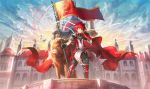  armor armored_boots bird boots city cloak elsword elsword_(character) flag highres lion lord_knight_(elsword) red_eyes red_hair scorpion5050 shoulder_armor sky standard_bearer 