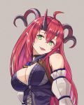  1girl :3 ahoge bangs bare_shoulders black_choker breasts choker cleavage curled_horns demon_girl demon_horns detached_sleeves fang grey_background hair_between_eyes head_tilt horns large_breasts long_hair long_sleeves looking_at_viewer magrona magrona_channel moppo open_mouth pointy_ears red_hair smile solo sweatdrop upper_body very_long_hair virtual_youtuber yellow_eyes 