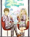  2girls bangs black_hair blazer brown_footwear closed_eyes commentary_request contemporary couple crossed_legs cup darling_in_the_franxx drinking_glass grey_jacket hachi_kou hair_ornament hairband hand_on_own_face hetero highres hiro_(darling_in_the_franxx) holding holding_cup holding_spoon horns jacket kokoro_(darling_in_the_franxx) long_hair mitsuru_(darling_in_the_franxx) multiple_boys multiple_girls oni_horns pants pink_hair plaid plaid_pants plaid_skirt purple_hairband red_horns school_uniform shoes sitting skirt socks spoon white_hairband zero_two_(darling_in_the_franxx) 
