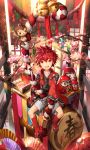  bell cherry_blossoms daruma_doll drum elsword elsword_(character) fan holding instrument monkey obentou red_eyes red_hair rope scorpion5050 shiny sitting traditional_clothes 