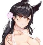  animal_ears atago_(azur_lane) azur_lane bangs black_hair breasts closed_mouth collarbone commentary extra_ears flower hair_flower hair_ornament large_breasts long_hair mole mole_under_eye ribbon solo swept_bangs takagaki_eru white_bikini_top white_ribbon 