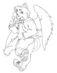  anthro candy cat clothed clothing feathered_wings feathers feline food haganedon lollipop looking_at_viewer male mammal open_mouth sitri solo tokyo_afterschool_summoners wings 