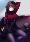  akeyama_kitsune aozaki_aoko arm_up black_legwear blue_eyes breasts brown_hair desk hair_intakes high-waist_skirt large_breasts long_hair looking_at_viewer mahou_tsukai_no_yoru on_desk pantyhose ribbed_sweater sitting skirt smile solo sweater turtleneck turtleneck_sweater 