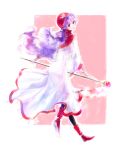  breasts commentary_request curly_hair dragon_quest dragon_quest_ii dress hat hood hood_up kuzumosu long_hair looking_at_viewer pantyhose princess princess_of_moonbrook purple_hair solo weapon white_dress white_robe 