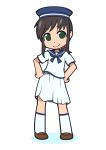  aka-kabuto_no_gema alternate_costume black_hair blue_hat blue_neckwear blue_sailor_collar contrapposto fubuki_(kantai_collection) full_body green_eyes hands_on_hips hat kantai_collection low_ponytail neckerchief pleated_skirt ponytail sailor_collar sailor_hat school_uniform serafuku short_ponytail sidelocks skirt socks solo standing white_background white_legwear white_skirt 