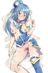  aqua_(konosuba) blue_hair blue_shirt blush breasts colored_pubic_hair commentary_request dissolving_clothes hair_rings kono_subarashii_sekai_ni_shukufuku_wo! long_hair looking_at_viewer medium_breasts monchan_rev3 nipples no_panties pubic_hair shirt solo 