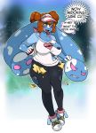  2018 amber_eyes anthro areola arnachy breasts brown_hair clothed clothing cosplay dialogue digital_media_(artwork) english_text female fully_clothed geeflakes_(character) hair hi_res lagomorph mammal monster nintendo nipples open_mouth pink_nose pok&eacute;ball pok&eacute;mon rabbit rosa_(pok&eacute;mon) solo teeth text thick_thighs torn_clothing video_games voluptuous wide_hips 