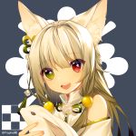  1girl :d animal animal_ears bangs bare_shoulders black_background blush bunny dress eyebrows_visible_through_hair fingernails flower green_eyes hair_between_eyes hair_ornament head_tilt heterochromia holding holding_animal long_hair looking_at_viewer md5_mismatch open_mouth original prophet_chu red_eyes rose round_teeth silver_hair smile solo teeth twitter_username upper_teeth very_long_hair white_dress white_flower white_rose 