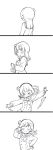  &gt;_&lt; 3: 4koma arms_at_sides blush bow bowtie closed_mouth comic dot_nose embarrassed facing_away facing_viewer floating_hair from_side greyscale hair_bun hand_on_hip hand_up hands_up highres long_sleeves looking_at_viewer love_live! love_live!_sunshine!! medium_hair mezashi_(mezamashi_set) monochrome motion_lines nervous outstretched_arms parted_lips pleated_skirt pose ribbon sailor_collar school_uniform serafuku side_bun silent_comic simple_background skirt smile spread_arms sweat tsushima_yoshiko upper_body uranohoshi_school_uniform v v-shaped_eyebrows v_over_eye wavy_mouth white_background 