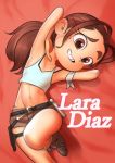  1boy armpits bare_arms bare_shoulders belt belt_buckle brown_eyes brown_hair buckle crop_top kaze_fukeba_nanashi lara_croft lara_croft_(cosplay) long_hair lying marco_diaz mole mole_under_eye navel on_back panties ponytail shorts solo star_vs_the_forces_of_evil teeth tomb_raider trap underwear 