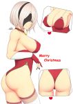  1girl bare_shoulders bell black_blindfold black_hairband blindfold breasts cleavage covered_eyes gloves hairband heart large_breasts merry_christmas multiple_views nier_(series) nier_automata red_clothes red_gloves ryu_seung short_hair signature simple_background smile solo white_background white_hair yorha_no._2_type_b 