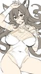  animal_ears arm_up arm_wrap breasts brown_hair commentary_request covered_nipples emua erune granblue_fantasy ilsa_(granblue_fantasy) large_breasts leotard long_hair navel red_eyes sketch solo 