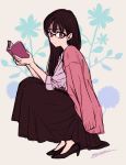  artist_name bangs black-framed_eyewear black_footwear black_hair black_skirt book cardigan commentary eyebrows_visible_through_hair floral_background glasses high_heels himawari-san himawari-san_(character) holding holding_book long_hair long_skirt looking_at_viewer looking_to_the_side open_book pink_cardigan purple_eyes simple_background skirt sleeves_rolled_up solo squatting sugano_manami 