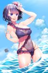  arm_up ass_visible_through_thighs bangs bare_shoulders blue_sky blush breasts cleavage cloud commentary_request day eyebrows_visible_through_hair fate/grand_order fate_(series) flower frilled_swimsuit frills hair_flower hair_ornament hands_up highres katsushika_hokusai_(fate/grand_order) large_breasts navel ocean octopus onsoku_maru open_mouth outdoors purple_eyes purple_hair purple_swimsuit see-through short_hair skindentation sky smile solo swimsuit tokitarou_(fate/grand_order) wading water 