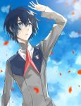  bangs black_hair blue_eyes blue_sky cloud cloudy_sky commentary darling_in_the_franxx day haisato_(ddclown14) hand_up hiro_(darling_in_the_franxx) long_sleeves male_focus military military_uniform necktie petals red_neckwear sky solo uniform 