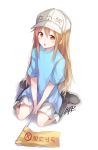  blue_shirt boots brown_eyes flat_cap hair_between_eyes hat hataraku_saibou highres keid knee_boots kneeling long_hair open_mouth platelet_(hataraku_saibou) shirt shorts solo very_long_hair white_background 