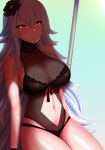  alternate_costume arm_behind_head azur_lane bangs black_swimsuit blush breasts cleavage commentary commentary_typo crossed_bangs graf_zeppelin_(azur_lane) hair_between_eyes highres large_breasts long_hair looking_at_viewer messy_hair navel navel_cutout one-piece_swimsuit open_mouth red_eyes shade shiny shiny_skin sidelocks silver_hair skindentation solo swimsuit taut_clothes taut_swimsuit the_only_shoe thighs very_long_hair wrist_straps 