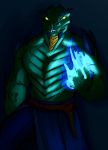  absurd_res anthro argonian belt clothed clothing glowing glowing_eyes green_eyes green_scales hi_res magic male muscular pants partially_clothed scales scalie solo spell standing the_elder_scrolls tinybuggyart video_games 