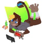  anthro beverage bottomless chips_(disambiguation) clothed clothing food hair hoodie lying male mammal monkey nintendo nintendo_switch on_front open_mouth primate smile solo spazzyhusky toony video_games 