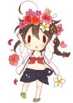  ahoge bikini braid brown_eyes brown_hair chibi commentary_request flower hair_flower hair_ornament kantai_collection naoto_(tulip) sarong shigure_(kantai_collection) single_braid solo swimsuit white_background 