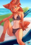  ancesra anthro bikini breasts canine clothed clothing female fur hair looking_at_viewer mammal multi_tail nintendo open_mouth pok&eacute;mon pok&eacute;mon_(species) red_hair sitting solo swimsuit video_games vulpix 