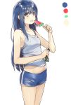  bangs bare_arms bare_shoulders blue_eyes blue_hair blue_shorts blush breasts collarbone commentary_request eating eyebrows_visible_through_hair fingernails food food_on_face grey_tank_top groin hair_between_eyes hand_up highres holding holding_food long_hair navel original pomu popsicle short_shorts shorts small_breasts solo tank_top very_long_hair watermelon_bar 