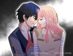  1boy 1girl bandage bandaged_arm bandages bandaid bandaid_on_face bangs black_hair blue_horns couple crying darling_in_the_franxx eyebrows_visible_through_hair eyes_closed face-to-face facing_another forehead-to-forehead hand_on_another&#039;s_head hetero hiro_(darling_in_the_franxx) horns long_hair looking_at_another military military_uniform necktie nightgown oni_horns pink_hair red_horns red_neckwear short_hair signature sleeveless spiritreaper07 tears uniform zero_two_(darling_in_the_franxx) 