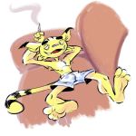  boxers_(clothing) clothed clothing drugs feline fur half-closed_eyes lying male mammal marijuana smoke smoking sofa solo spookytosh striped_fur stripes tiger topless tyler_&amp;_co. tyler_tiger underwear 