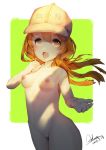  10s 1girl 2018 audo breasts brown_eyes brown_hair carbon12th cowboy_shot dated female hair_between_eyes hat hataraku_saibou long_hair looking_at_viewer looking_to_the_side nipples no_pussy nude outside_border platelet_(hataraku_saibou) signature small_breasts solo white_background yellow_background 