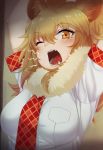  animal_ears arms_up bangs blonde_hair blush breasts commentary eyebrows_visible_through_hair fangs fur_collar hair_between_eyes kemono_friends large_breasts lion_(kemono_friends) lion_ears long_hair looking_at_viewer necktie nyifu one_eye_closed orange_eyes red_neckwear shirt short_sleeves solo stretch tears teeth upper_body white_shirt yawning 