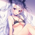  antenna_hair arm_support azur_lane bangs bikini black_bikini black_ribbon blush breasts commentary_request covered_nipples cross cross_earrings earrings eyebrows_visible_through_hair finger_to_mouth flag_print german_flag_bikini hair_between_eyes hair_ribbon iron_cross jewelry large_breasts long_hair looking_at_viewer mole mole_on_breast multicolored_hair open_mouth prinz_eugen_(azur_lane) red_hair ribbon side-tie_bikini sidelocks silver_hair sitting smile solo streaked_hair swimsuit two_side_up very_long_hair wet ytuorvi 