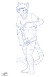  anthro blue_and_white clothed clothing clothing_lift feline hi_res male mammal monochrome penis sketch solo uncut underwear wolfblade 