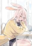  animal_ears arm_rest black_skirt breasts bunny_ears chair chin_rest classroom closed_eyes commentary_request desk furry indoors kishibe large_breasts long_hair open_mouth original school_uniform shirt sitting skirt sleeping sleeping_upright solo sweater white_hair white_shirt window yellow_sweater 