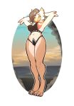  2018 4_toes anthro arms_above_head avian beach beak bikini black_hair breasts clothed clothing cloud eyelashes feathers female fur hair hands_behind_head looking_at_viewer looking_down low-angle_view multicolored_fur neck_tuft orange_eyes outside rokemi seaside smile solo standing sunset swimsuit talons thick_thighs toes tuft two_tone_fur 