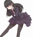  black_eyes black_hair blush glasses ina_(gokihoihoi) light_smile long_hair looking_at_viewer original red-framed_eyewear school_uniform simple_background skirt solo sweatdrop white_background 