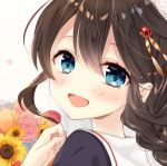  blue_eyes blush braid brown_hair commentary_request flower hair_ornament kantai_collection looking_at_viewer naoto_(tulip) open_mouth remodel_(kantai_collection) shigure_(kantai_collection) single_braid smile solo 
