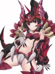  alternate_costume armor bangs bare_shoulders belly_poke black_hair blunt_bangs blush cameltoe covered_nipples elbow_gloves finger_in_navel from_below garter_straps gloves hand_on_own_stomach headphones heavy_breathing highres horns looking_at_viewer midriff navel panties red_eyes resonancq senki_zesshou_symphogear senki_zesshou_symphogear_xd_unlimited solo symphogear_pendant thighhighs tiara tsukuyomi_shirabe underwear white_background white_gloves white_panties 