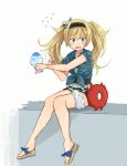  annin_musou belt belt_buckle blonde_hair blue_eyes blue_shirt breast_pocket buckle commentary enemy_lifebuoy_(kantai_collection) flying_sweatdrops gambier_bay_(kantai_collection) hair_between_eyes highres holding holding_spoon ice kantai_collection long_hair open_mouth pocket sandals shaved_ice shinkaisei-kan shirt short_sleeves sitting solo spoon trembling twintails 