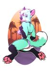  2018 anthro big_breasts bikini black_fur black_nose blue_eyes blue_fur breasts canine claws clothed clothing digitigrade eyelashes female fur hair inner_ear_fluff kneeling looking_at_viewer looking_back mammal mohawk multicolored_fur nipple_bulge outside palm_tree pawpads pink_pawpads rear_view rokemi skimpy smile solo sunset swimsuit thick_thighs tree vaporwave white_fur white_hair wide_hips 