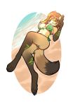  2018 4_toes 5_fingers anthro beach big_breasts bikini black_hair black_nose breasts brown_fur butt canine claws clothed clothing crossed_legs female fur green_eyes green_highlights hair highlights looking_at_viewer lying mammal multicolored_fur multicolored_tail on_back outside pointing_up rokemi seaside smile solo swimsuit toe_claws toes 