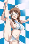  1girl ahoge akizuki_ritsuko arm_up armpits bangs bikini black-framed_eyewear blue_collar blunt_bangs blush braid breasts brown_eyes brown_hair checkered checkered_wall collar collarbone embarrassed erect_nipples flexible from_side glasses groin highres holding_own_ankle idolmaster idolmaster_(classic) long_legs looking_at_viewer low_twintails medium_breasts medium_hair minpei_ichigo nipples one_breast_out open_mouth ribbon sailor_bikini_top sailor_collar semi-rimless_eyewear side-tie_bikini sidelocks sofmap_background solo split standing standing_on_one_leg standing_split step_and_repeat swimsuit tail thighs twintails 