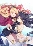  :d bare_shoulders black_bow black_dress black_hair blonde_hair blush bow breasts brown_eyes cape cleavage closed_mouth commentary_request copyright_name detached_sleeves dress earrings ereshkigal_(fate/grand_order) fate/grand_order fate_(series) flower fur-trimmed_cape fur_trim hair_between_eyes hair_bow hood hood_down hooded_cape hoop_earrings infinity ishtar_(fate/grand_order) jewelry long_hair long_sleeves medium_breasts multiple_girls neck_ring open_mouth parted_lips petals purple_flower red_bow red_cape red_eyes skull smile spine tiara two_side_up very_long_hair yuya_(night_lily) 