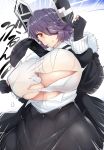  black_gloves breasts bursting_breasts buttons checkered checkered_neckwear clenched_teeth commentary_request covered_nipples eyepatch fur_trim gloves headgear highres huge_breasts jacket kantai_collection long_sleeves looking_at_viewer mizuyan necktie no_bra parted_lips partly_fingerless_gloves purple_hair shiny shiny_hair shiny_skin shirt short_hair skirt solo standing teeth tenryuu_(kantai_collection) torn_clothes torn_shirt underboob white_shirt yellow_eyes 